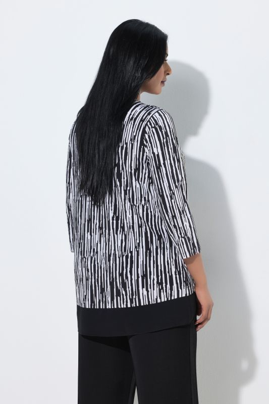 Striped Zip-Front 3/4 Sleeve T-Shirt Blouse