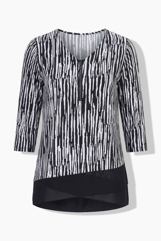 Striped Zip-Front 3/4 Sleeve T-Shirt Blouse
