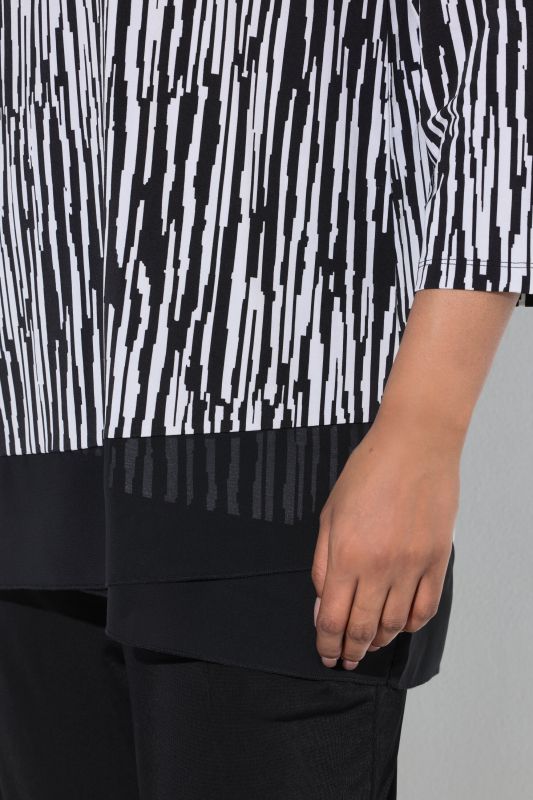 Striped Zip-Front 3/4 Sleeve T-Shirt Blouse