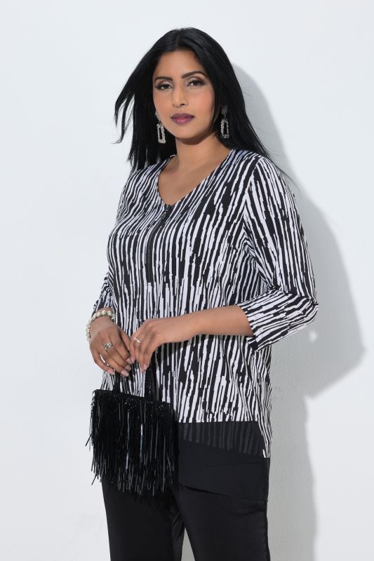 Striped Zip-Front 3/4 Sleeve T-Shirt Blouse
