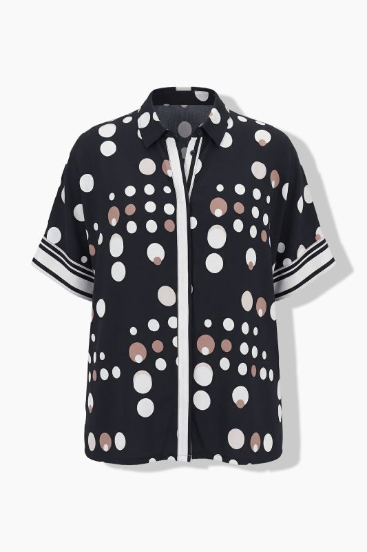 Two-Tone Polka Dot Stretch-Fit Button-Down Blouse