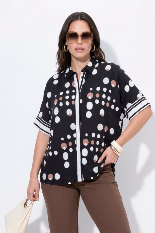 Two-Tone Polka Dot Stretch-Fit Button-Down Blouse