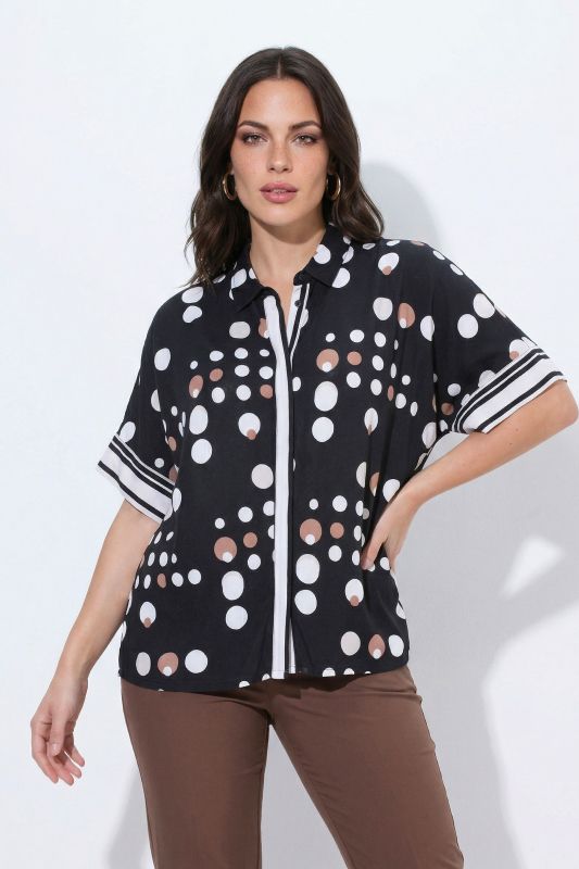 Two-Tone Polka Dot Stretch-Fit Button-Down Blouse