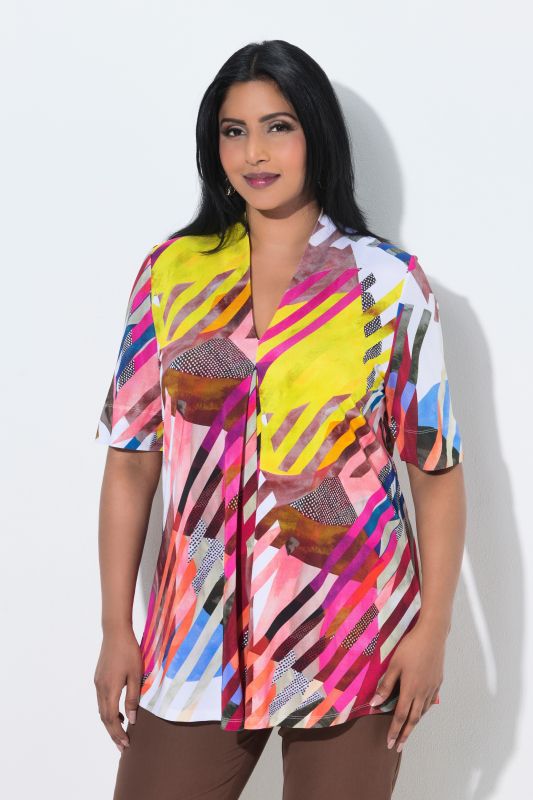 Mixed Stripe Stretch-Fit Short Sleeve Blouse