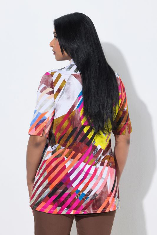 Mixed Stripe Stretch-Fit Short Sleeve Blouse