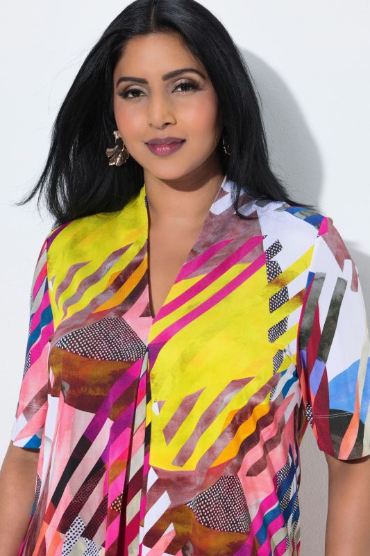 Mixed Stripe Stretch-Fit Short Sleeve Blouse