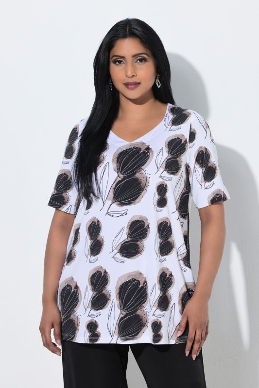 Tulip Print Short Sleeve Slinky T-Shirt Blouse