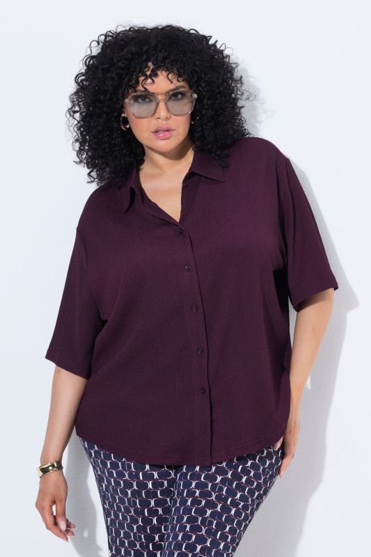 Lightly Textured 3/4 Sleeve Button Down Blouse