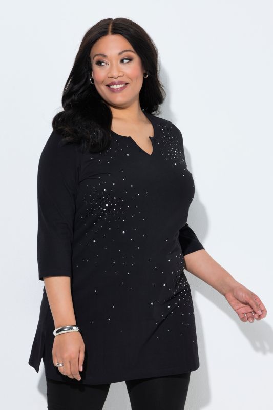 Pearl Studded 3/4 Sleeve Notch Neck Knit Tunic