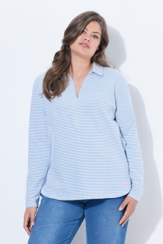 Striped Polo Collar Long Sleeve Blouse