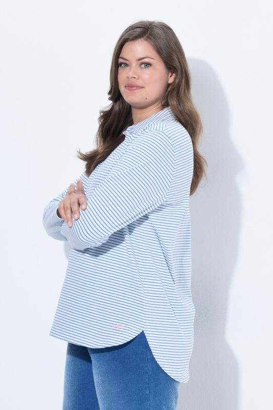 Striped Polo Collar Long Sleeve Blouse