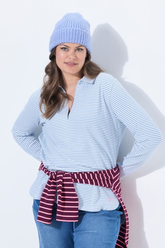 Striped Polo Collar Long Sleeve Blouse