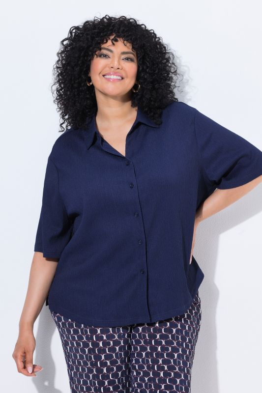 Lightly Textured 3/4 Sleeve Button Down Blouse