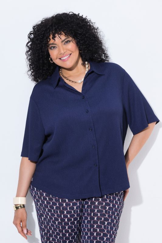 Lightly Textured 3/4 Sleeve Button Down Blouse
