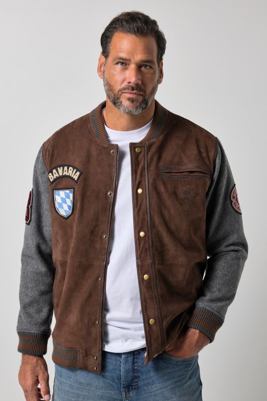 Leather varsity-style jacket
