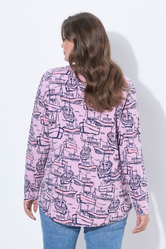 Boat Print Split Neck Long Sleeve Tee