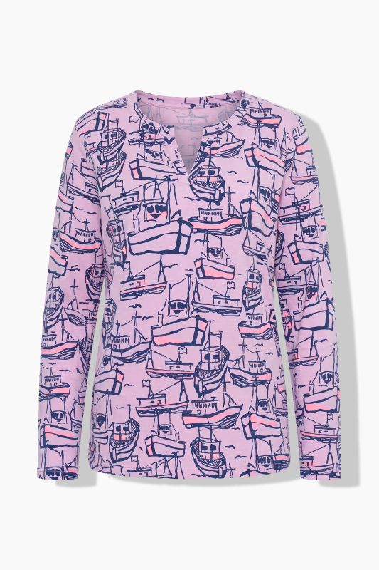 Boat Print Split Neck Long Sleeve Tee