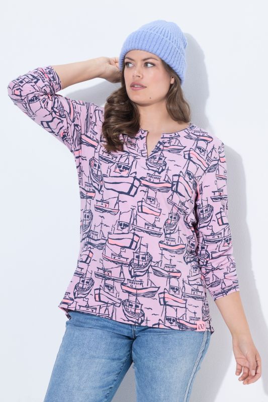 Boat Print Split Neck Long Sleeve Tee