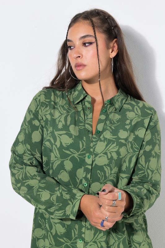 Pomegranate Print Long Sleeve Shirt Dress