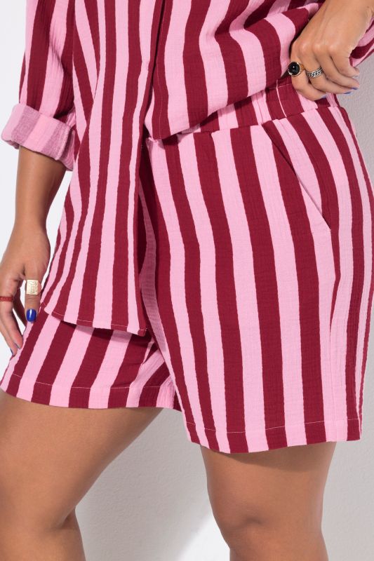 Striped Wide Leg Elastic Waist Muslin Shorts