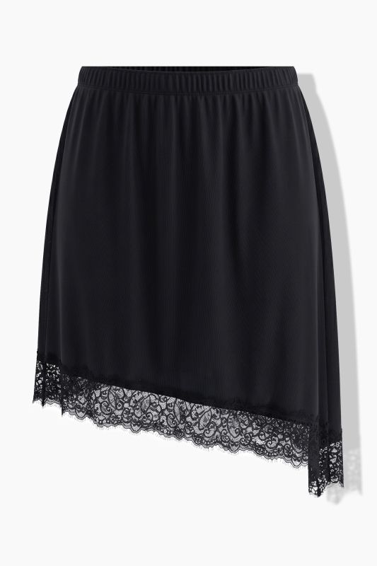 Asymmetric Elastic Waist Lace Trim Skirt