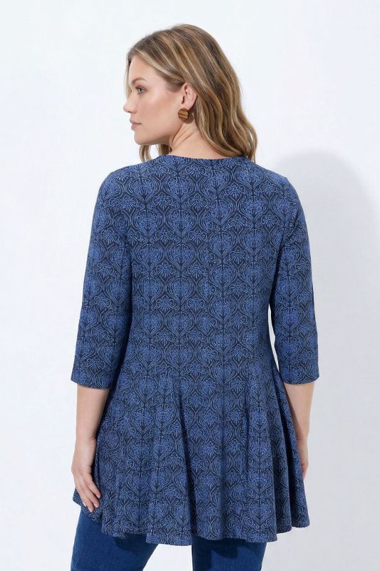 Eco Cotton Jacquard Print Godet Pleated Knit Tunic