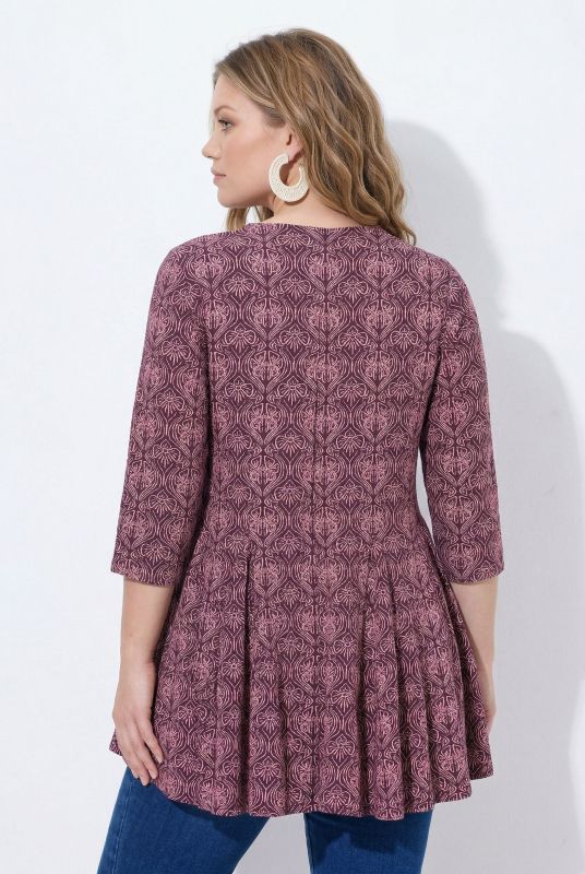 Eco Cotton Jacquard Print Godet Pleated Knit Tunic