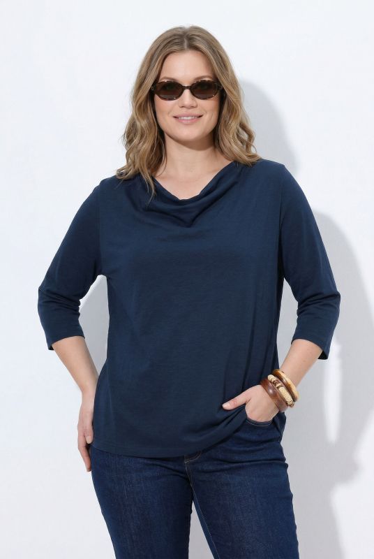 Eco Cotton Waterfall Neckline 3/4 Sleeve T-Shirt Blouse
