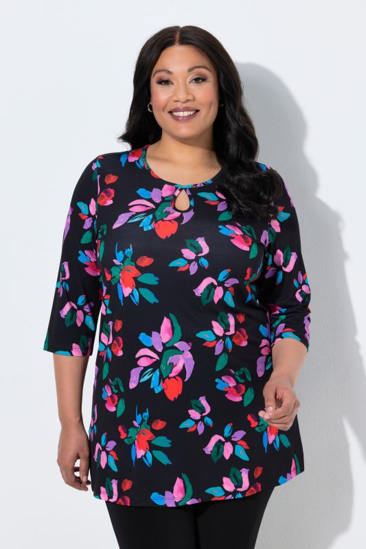 Matte Jersey Vibrant Floral Keyhole Neckline Knit Tunic