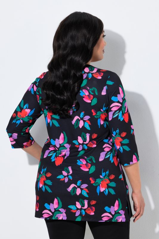 Matte Jersey Vibrant Floral Keyhole Neckline Knit Tunic