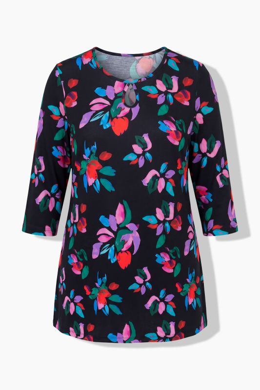 Matte Jersey Vibrant Floral Keyhole Neckline Knit Tunic
