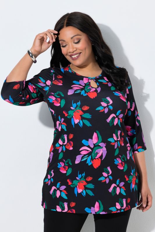 Matte Jersey Vibrant Floral Keyhole Neckline Knit Tunic