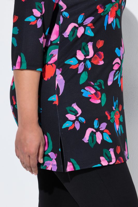 Matte Jersey Vibrant Floral Keyhole Neckline Knit Tunic