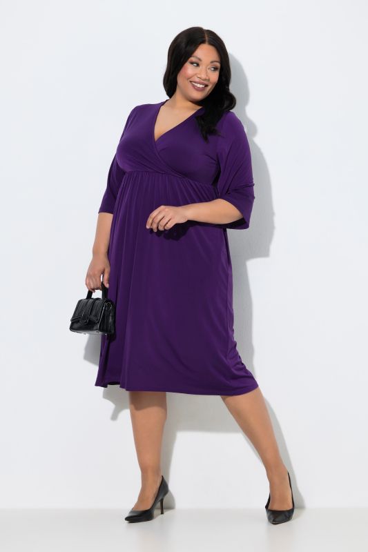 Matte Jersey Wrap Look 3/4 Sleeve Pocket Dress