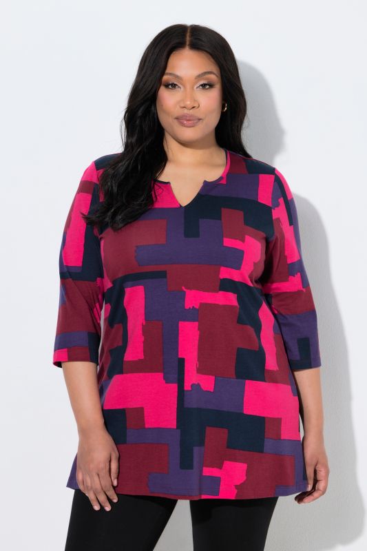Glowing Colorblock 3/4 Sleeve Notch Neck Knit Tunic