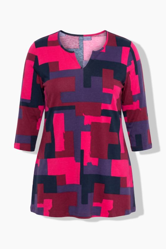 Glowing Colorblock 3/4 Sleeve Notch Neck Knit Tunic