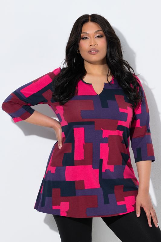 Glowing Colorblock 3/4 Sleeve Notch Neck Knit Tunic