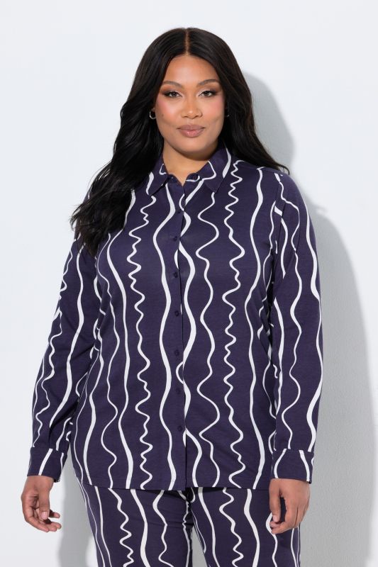 Scribble Stripe Cotton Jersey Button-Down Blouse