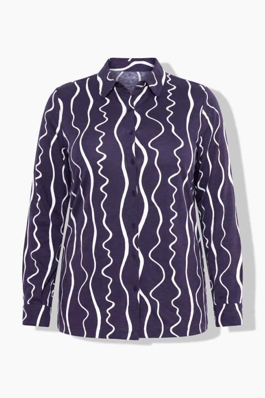 Scribble Stripe Cotton Jersey Button-Down Blouse