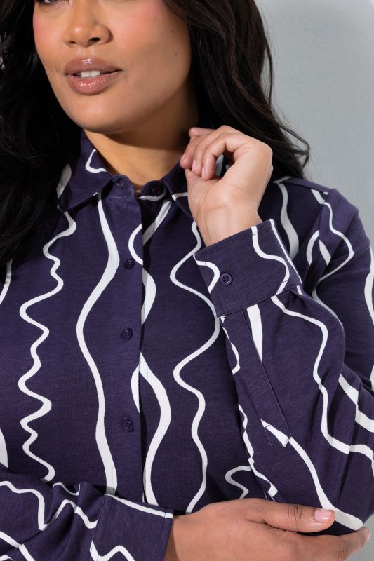 Scribble Stripe Cotton Jersey Button-Down Blouse