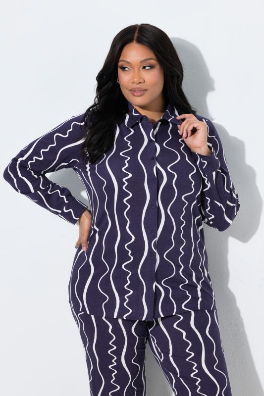 Scribble Stripe Cotton Jersey Button-Down Blouse