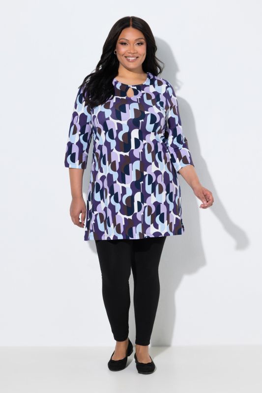 Graphic Dot Print 3/4 Sleeve Keyhole Neckline Knit Tunic