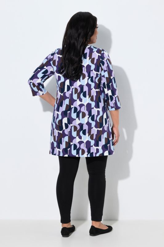 Graphic Dot Print 3/4 Sleeve Keyhole Neckline Knit Tunic
