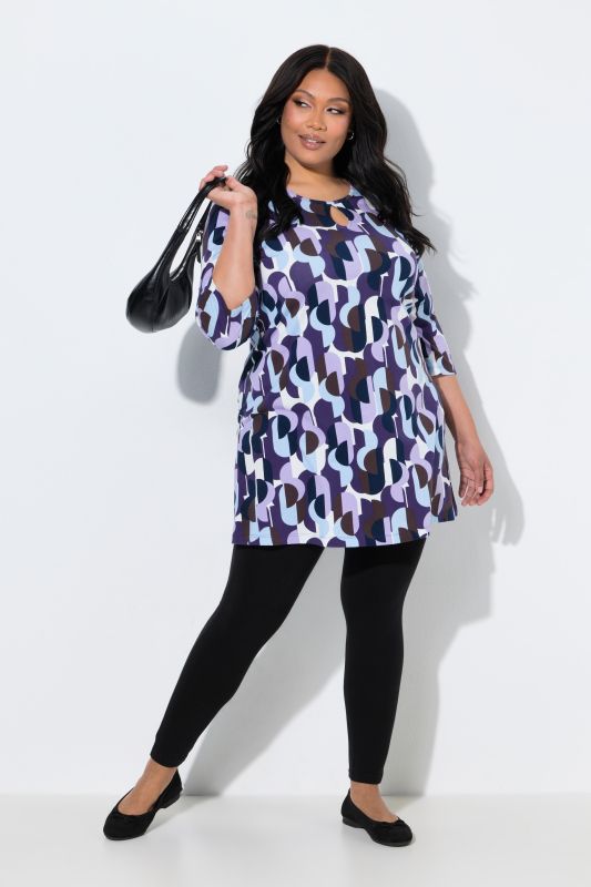 Graphic Dot Print 3/4 Sleeve Keyhole Neckline Knit Tunic
