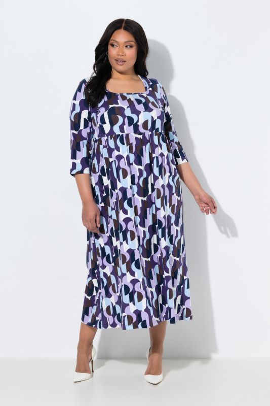 Graphic Dot Print 3/4 Sleeve Square Neck A-Line Pocket Dress
