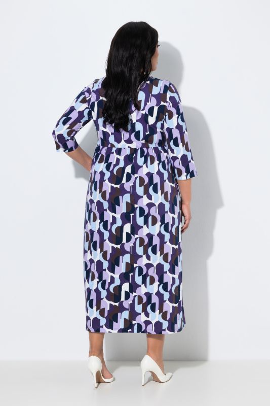 Graphic Dot Print 3/4 Sleeve Square Neck A-Line Pocket Dress