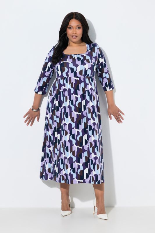 Graphic Dot Print 3/4 Sleeve Square Neck A-Line Pocket Dress