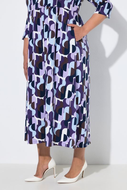 Graphic Dot Print 3/4 Sleeve Square Neck A-Line Pocket Dress