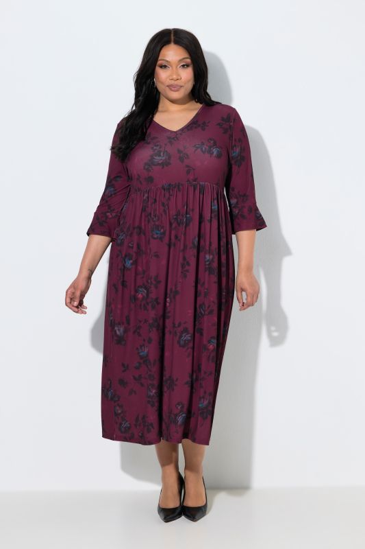 Matte Jersey Deep Floral Empire Waist 3/4 Sleeve Jersey Pocket Dress