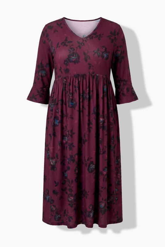 Matte Jersey Deep Floral Empire Waist 3/4 Sleeve Jersey Pocket Dress
